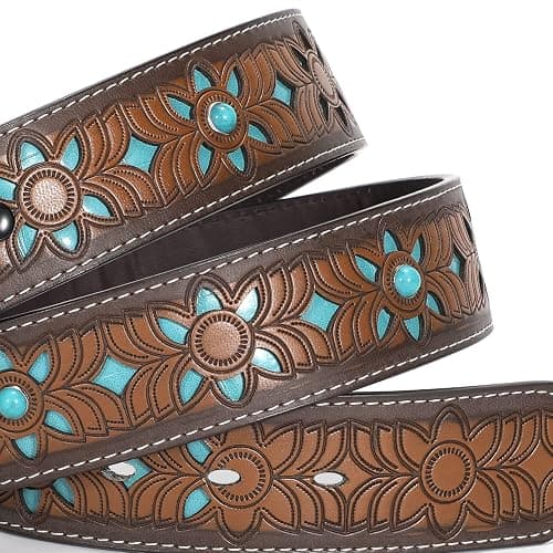 XZQTIVE Women Men Genuine Leather Belt Vintage Ladies Western Belt Engraved Tooled Leather Belt Cowboy Cowgirl Country Belt thumbnail 5