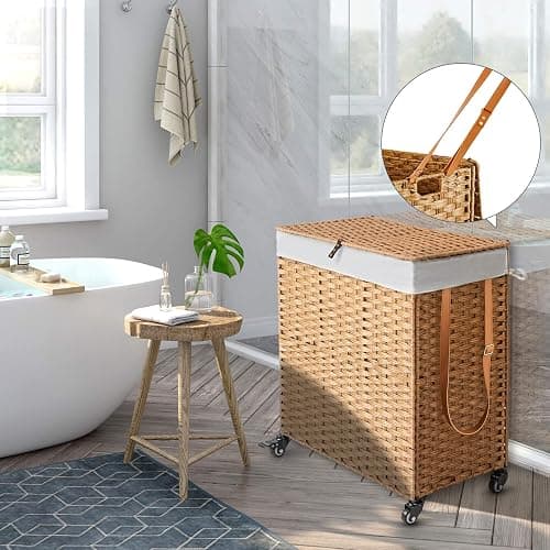 Greenstell Laundry Hamper with Wheels, No Install Needed, 110L Divided Handwoven Hampers & 2 Removable Liner Bags, Synthetic Rattan Clothes Laundry Basket with Lid & Handles, Foldable Hampers Natural thumbnail 2