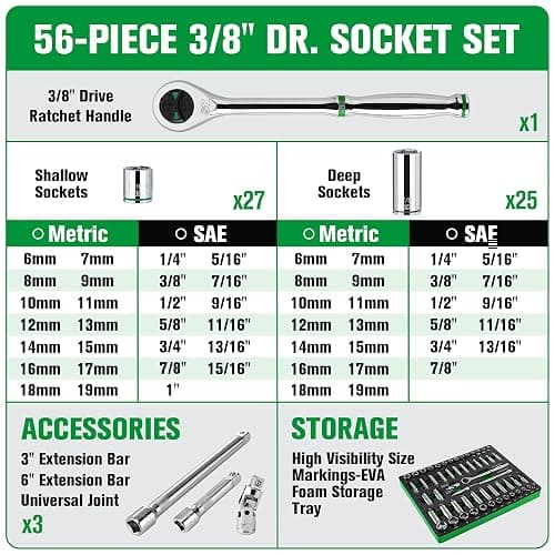SK 3/8" Drive Socket Set with 160-P Ratchet, 56-Piece, SAE & Metric, SuperKrome Finish, Premium CR-V Construction, with EVA Foam Tool Organizer thumbnail 4