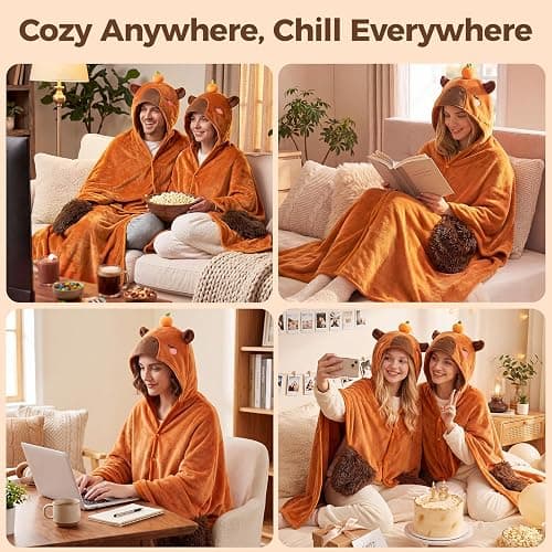 Mewaii Capybara Gifts Wearable Blanket Hoodie Soft Flannel Capybara Blanket | Full-Body Coverage, Hands-Free Design, Machine Washable, For Home, Camping, Study & Lounging, Gift for Women & Animal Lovers thumbnail 4