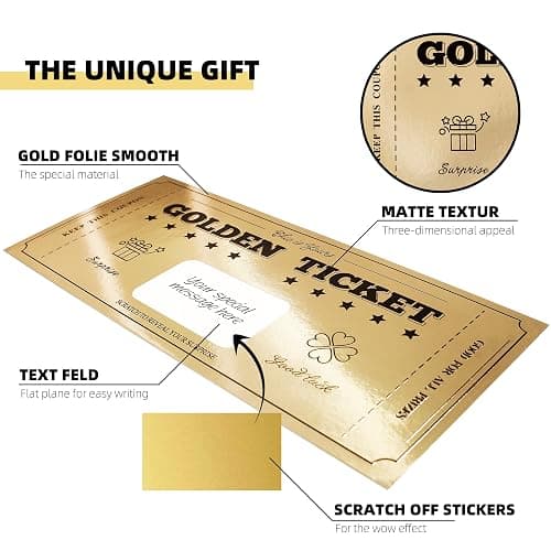 Golden Ticket with Lucky Coin, Scratch Card with Envelope, Surprise Gift Reveal Scratch Off Ticket Card as Birthday Card Wedding Card Concert Ticket Cinema Voucher Raffle Gift Card for Kids Women Men - 1 Golden Ticket with Lucky Coin thumbnail 2