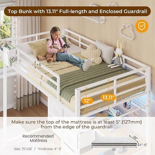 DICTAC Twin Size Loft Bed with L-Shaped Desk and 7 Storage Drawers,Metal Twin Loft Bed for Kids with LED Lights and Charging Station,13.11" H Safety Guardrail and Ladder,No Box Spring Needed, White thumbnail 6