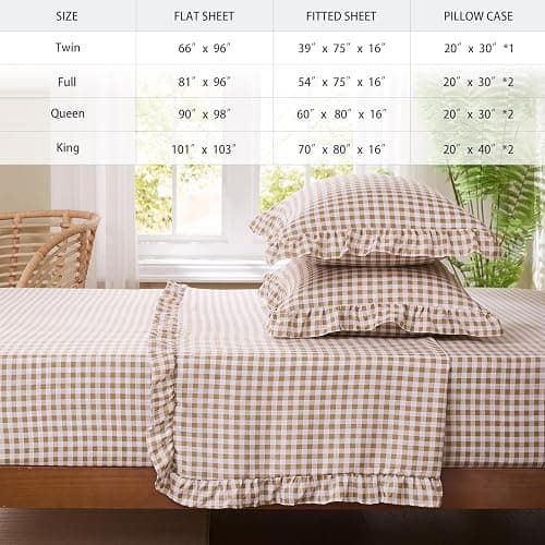 kisswish Gingham Queen Sheet Set, Lightweight Super Soft Brushed Microfiber Plaid Bed Sheets with 16" Deep Pocket, 4 Piece Ruffle Farmhouse Bedroom Decor, Taupe thumbnail 7