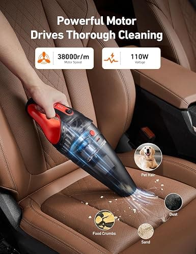 AstroAI Handheld Car Vacuum Cordless with Accessories, Portable Vacuum Cleaner with 12V DC Power, LED Light, Brush, Extended Suction Pipe, Hose, Mini Handheld for Car, Home, Office, and Pet Hair, Red thumbnail 2