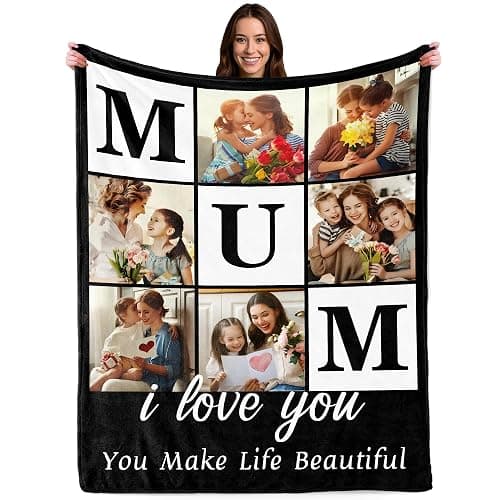 Udiyfun Personalised Mothers Day Idea Gifts for Mum Mommy Mother from Daughter Son, Personalised Blanket with Photo Text, Customised Picture Blanket for Mum Women Mother - Image 1