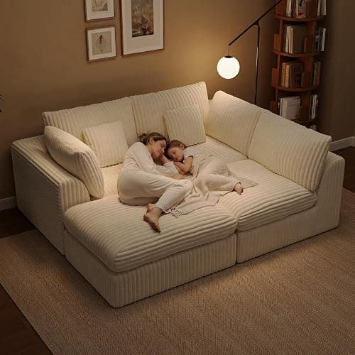 Comkei 116” Boneless Sectional Couch Modular Cloud Sofa with Ottoman for Living Room Deep Seat Corduroy Couches for Apartment Warm White thumbnail 4