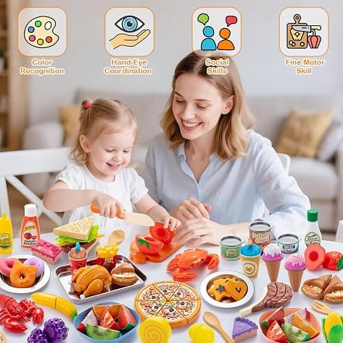 Juboury Cucina Giocattolo per Bambini, Set per Taglia Verdure e Frutta con Cibo Giocattolo come Pizza e Dessert, Gioco di Ruolo in Cucina Bambini, Giochi Montessori 3 4 5 6 7 Anni thumbnail 2