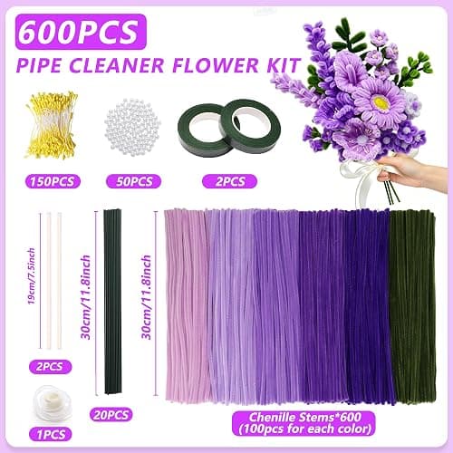 600 PCS Purple Pipe Cleaners Craft Bulk, 6 Pastel Colors Pipe Cleaner Flower Kit, Chenille Stems with Instructions, Floral Wires, Gardening Tape, Stamen, DIY Art and Craft Supplies(Purple Gradient) thumbnail 2