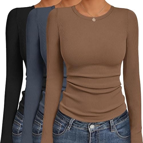 Ekouaer Women's Long Sleeve Shirts 3 Packs Crew Neck Stretchy Fitted Tops Ribbed Base Layer Soft Thermal Undershirts Tee - Image 1