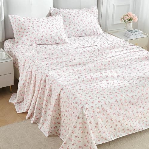 MUXHOMO Queen Size 4 Piece Sheet Set, Soft Breathable Bed Sheet Set for Bedroom with Deep Pocket Up to 16", Wrinkle-Free & Cooling Bedding for Oeko-TEX Certified - Blossoms Pink thumbnail 2