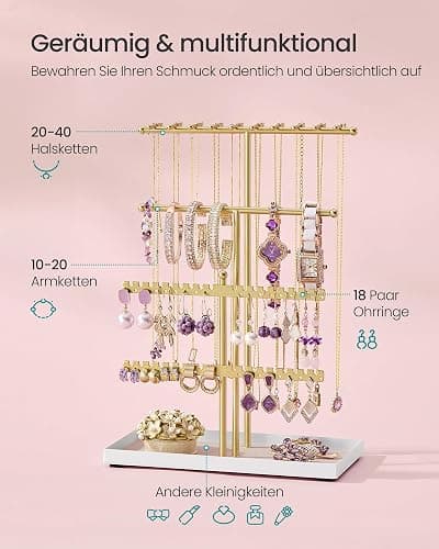 SONGMICS Schmuckständer, Schmuckhalter, Metallrahmen, Schmucktablett Samt, Schmuckaufbewahrung für Halsketten Armbänder Ohrringe Ohrstecker Ringe, Geschenkidee, weihnachten, blassgold JJS036AB01 thumbnail 6