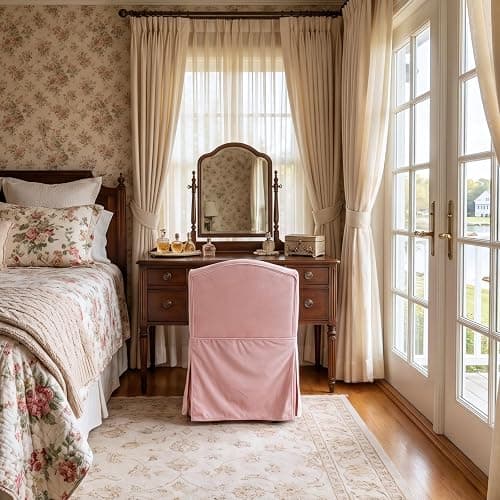 DM Furniture Pink Velvet Makeup Vanity Chair with Back & Wheels | Upholstered Skirted Vanity Stool, Metal Legs, Armless, Swivel Slipper Accent Chair, Rolling Desk Chair, Living Room, Bedroom thumbnail 8