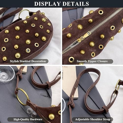 OWGSEE Studded Purse Trendy Studded Handbag Hobo Crescent Bags Y2K Shoulder Bag Suede Purses for Women thumbnail 5