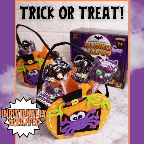 Individually Wrapped Halloween Suckers, Cat, Bat, and Witch Hat Lollipops, Trick or Treat Pass Out Candies, 24 Count thumbnail 7