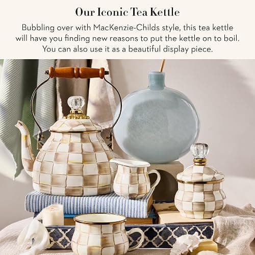 MACKENZIE-CHILDS Enamel Tea Kettle, Stylish Tea Kettle for Stovetop, Brown-and-White Mocha Check, 2 Quarts thumbnail 3