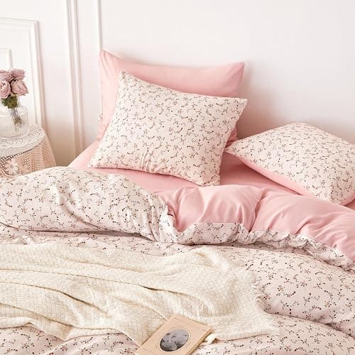 Wake In Cloud - Floral Comforter Set, Coquette Cottagecore Aesthetic Cute Flower Pattern for Women Teen Girls, Soft Lightweight Dorm Bedding, 3 Pieces, Dusty Pink, Queen Size thumbnail 5
