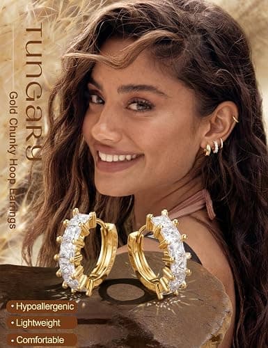 Tungary Chunky Hoop Earrings for Women Hypoallergenic Huggie Earring Stacks | Danity Small Hoop Earrings, Cartilage Earring Hoops for Sensitive Ears, Gift for Her, Stainless Steel/Sterling Silver Post thumbnail 2