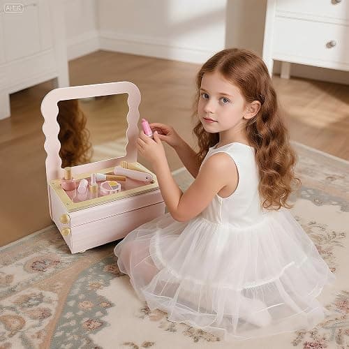PIIKAGO Wooden Kids Vanity Set with Acrylic Display Case, Pretend Play Toddler Makeup Vanity for Girls, Beauty Salon Set with Makeup Accessories, Little Girls Gift Age 3+ (Pink) thumbnail 2