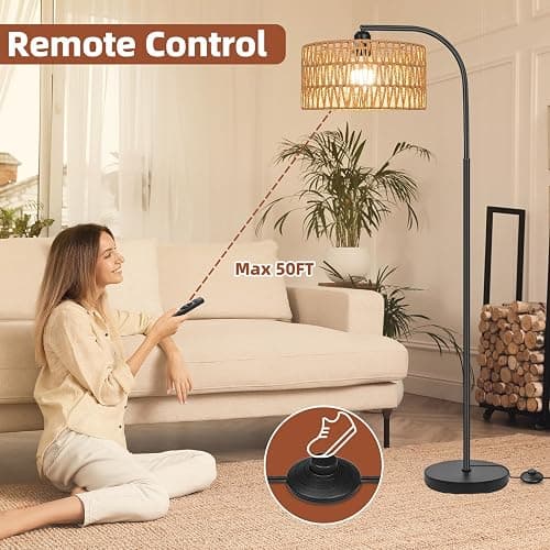 Brilvibera Rattan Floor Lamps for Living Room, Boho Standing Lamps with Rattan& Linen Double Shades, Arc Lamps Floor Standing with 9W Bulb, Foot Switch, Bohemian Floor Lamps for Bedroom, Office thumbnail 4