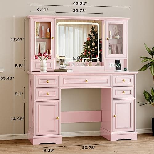 BORNOON Vanity Desk with Lights, Large LED Mirror with 3 Color Modes, Makeup Vanity with Power Outlet & USB Ports, 6 Drawers & 2 RGB Glass Cabinets, Farmhouse Dressing Table for Women & Girls (Pink) - Pink thumbnail 3