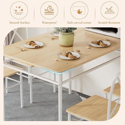 VECELO Dining Table Set for 4, 5-Piece Wood Kitchen Table with Chairs for Small Space, Breakfast Nook, Space-Saving, Natural White thumbnail 4