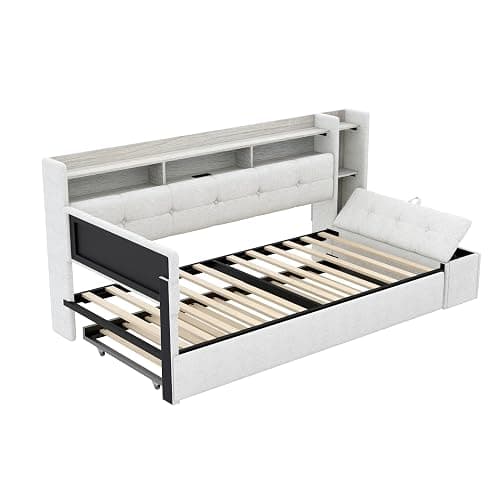 Upholstered Corner Day Bed Frame with Trundle, Footstool and Drawers, Beige | Modern floor upholstery daybed with l shape button tufted headboard, bookshelf, charging station and LED light thumbnail 8