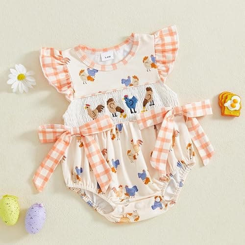 SAYOO Newborn Baby Girl Farm Clothes Chicken Embroidey Bubble Smocked Romper Plaid Bowknot Western Country Bodysuit Shirt thumbnail 2