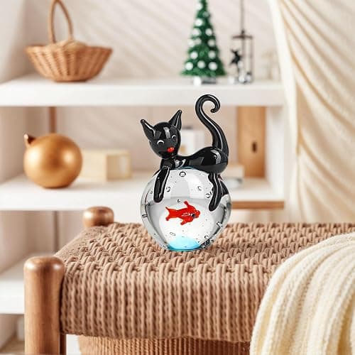 QFkris Blown Glass Black Cat Figurine, 1.6“ Mini Glass Animals Sculpture, Cat and Fish Art Collectible Figurines for Home Decor, Gift for Mom Cat-Lover Birthday Christmas thumbnail 7