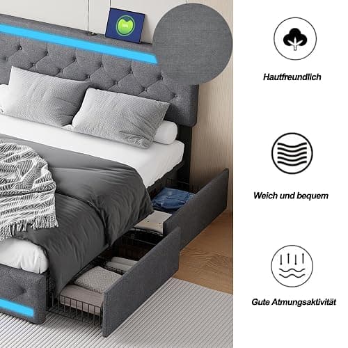 Aneutr Lit 140x200 avec sommier LED et Charge USB Type C, LIt Double rembourré avec 4 Tiroirs, Lit Coffre avec Tête de Lit Rembourrée Ajustable, Lits 2 Personnes, Facile à Assembler,Lin thumbnail 4