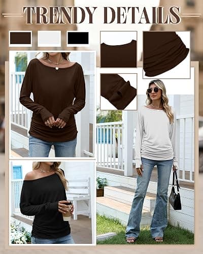 Huukeay 3 Pack Off The Shoulder Boat Neck Tops for Women, Long Sleeve Thumbhole Side Ruched Shirts Loose Causal Tunic Tees thumbnail 5
