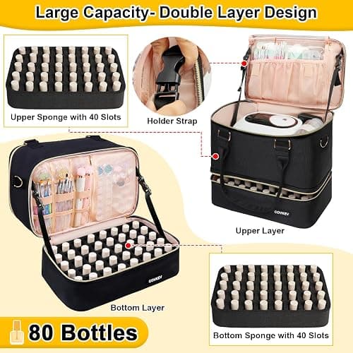 Covkev Nail Polish Organizer Hold 80 Bottles (15ml/0.5 fl.oz)& Nail Lamp, Double Layer Nail Bag Organizer Case with Handle, Large Nail Supplies& Kit Storage Case for Women Travel (Black& Golden) thumbnail 2