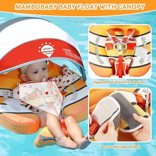 Mambobaby Baby Pool Float with Canopy, Non-Inflatable Infant Baby Swim Float Trainer with Safe Seat & Tail Support for Toddler, Mambo Baby Float Solid UPF 50+ Sun Protection thumbnail 2