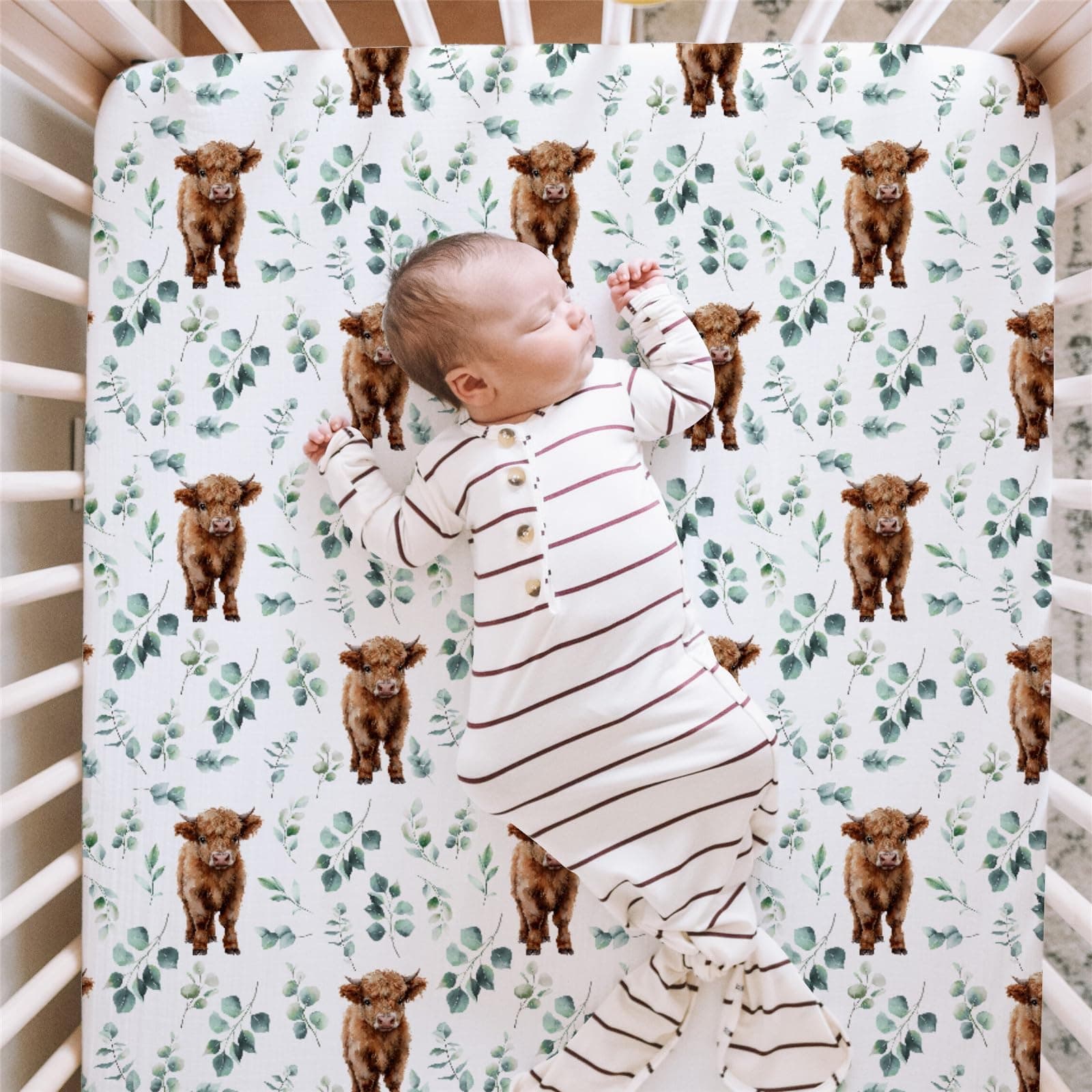 HawSkgFub Highland Cow Eucalyptus Leaf Fitted Standard Crib Sheet for Baby Boy Girl, Neutral Western Farm Animal Yak Toddler Mattress Cover, Soft Stretchy Nursery Bed Sheets Decor Kids Gift 52" x 28" thumbnail 4