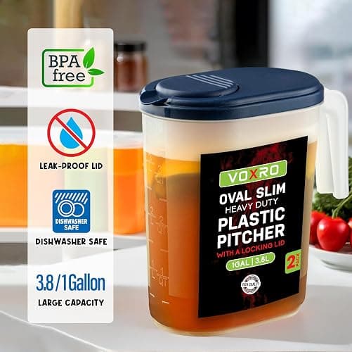 2-Pack Oval Slim Plastic Pitchers With Lids – 1 Gallon, Flip-Top Pivot Spout, Well-Gripped Handle, Water Jug, With Measuring Option, Ideal for Water, Juice & Iced Tea (Blue & Red) BPA Free thumbnail 3