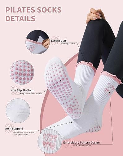 Yawlsow Cute Pilates Grip Socks for Women Ruffle Frilly Yoga Socks Non Slip Cotton Crew Grippy Sock for Barre Workout thumbnail 4