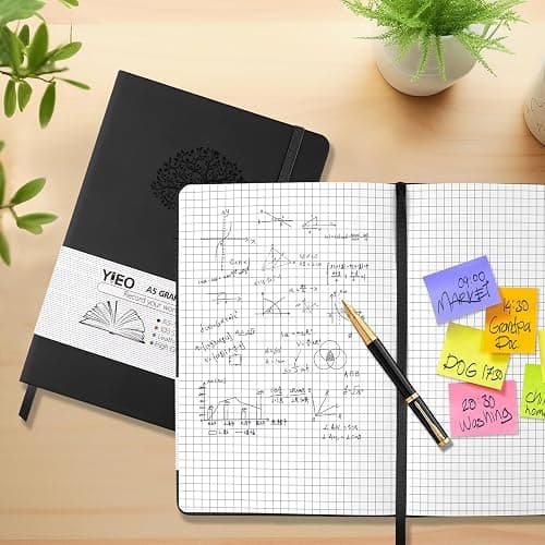 A5 Journal Notebook Graph Paper, 200 Pages Leather Squared Journal Notebook for Women Men, Hardback Note Book with 80GSM Grid Paper, No Bleed for Writing, Notepad for Office School Supplies, Black thumbnail 6