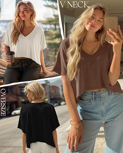 Huukeay 3 Pack Oversized T Shirts for Women Short Sleeve Crop Tops V Neck Irregular Hem Baggy Cropped Tees thumbnail 2