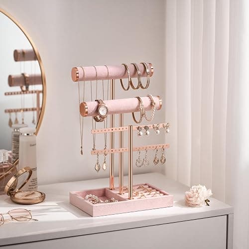 bussdis 3 Tier Bracelet Holder Display - Detachable T Bar Pink Velvet Bracelet Holder, Jewelry Holder Organizer for Bracelet, Necklace, Earrings, Rings thumbnail 6