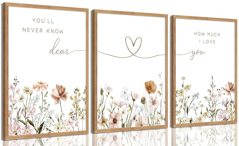 3Pcs Framed Boho Nursery Wall Art Flower Botanical Sentence Painting Picture Wall Decor Wildflower Children's Room Poster Print Artwork for Nursery Baby Room Living Room Bedroom Home Decoration - Image 1