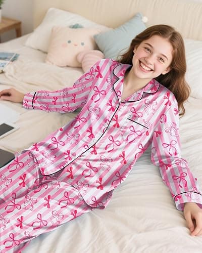 Sylfairy Girls Pajamas Silk PJS Set Satin Sleepwear Long Sleeve Jammies for Kids Button-Down Nightwear Loungewear 3-16 Years thumbnail 3