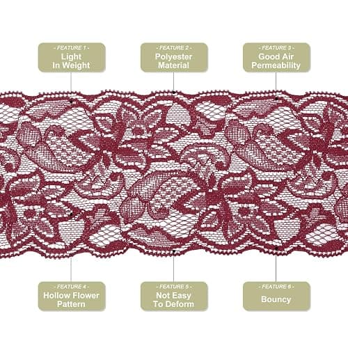 MECCANIXITY 3 Inch Wide 5 Yard Elastic Lace Ribbon Floral Pattern Dark Red Stretch Lace Trim Embroidered Fabric for Sewing Making, and DIY Crafts, Gift Wrapping, Bouquets, Wedding Decor thumbnail 5