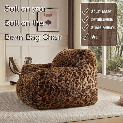 Leopard Print Faux Fur Bean Bag Chair with Armrests, Ultra-Soft Fluffy Sofa for Bedroom Living Room, Foam Filled Floor Chair (Cheetah Print Brown) thumbnail 5