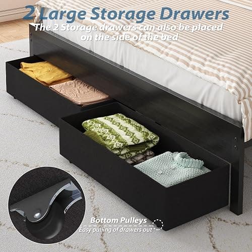 Etditrnp Full Bed Frame with Storage Headboard, Upholstered Black Bed Frame with 4 Drawers, LED Lights, and Charging Station, Heavy-Duty Metal Slats Support, Noise-Free thumbnail 5