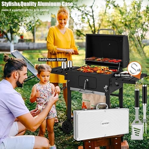 RINPIR 35pcs Deluxe Grilling Gifts Set for Birthday Fathers Day, Stainless Steel BBQ Accessories Kit for Men Dad, Professional Grill Tools Utensils with Scissors, Meat Claws in Aluminum Case Black thumbnail 8