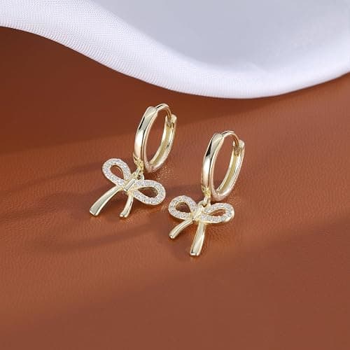 Reffeer Solid 925 Sterling Silver Bow Drop Hoop Earrings for Women Teen Girls Bowknot Hoop Earrings Huggie Ribbon Earrings thumbnail 5
