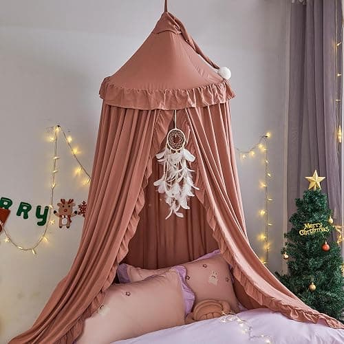 VETHIN Bed Canopy for Girls,Princess Round Dome Dreamy Mosquito Net Bedding Girls Room Castle Play Tent Hanging House Decor Reading Nook Canopies (JujubeRed) thumbnail 4