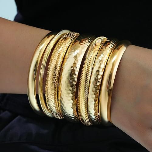 YEEZII Gold Bangle Bracelets for Women, 7Pcs 14K Gold Plated Boho Indian Multi Stackable Textured Bracelets, Chunky Bangles Set for Women Jewelry Gifts thumbnail 8