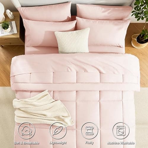 CozyLux Queen Comforter Set Blush Pink, 7 Pieces Bed in a Bag, Pink Comforters Queen Size, All Season Bedding Sets with Stitch Quilted Comforter, Flat Sheet, Fitted Sheet, Pillowcases thumbnail 2