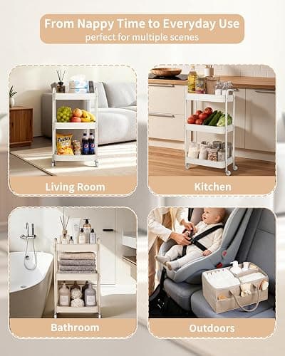Fortella Nappy Caddy Organizer, 3-Tier Storage Trolley on Wheels, Bedroom Storage Baby Essentials for Newborn Nursery Changing Table, Easy Assembly, Portable Nappy Bag, Bathroom Kitchen Trolley(Brown) thumbnail 7