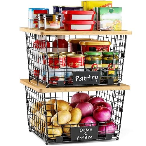 2 Set XXL Stackable Wire Basket with Bamboo Tops & Tag- Pantry Organizer and Storage Bins, Kitchen Counter Cabinet Shelf Countertop Under Sink Organizing, Food Snack Produce Onion Potato Bread Storage thumbnail 7